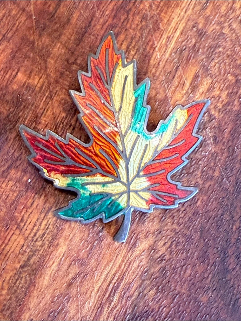 1950s Amco Sterling Silver Gullioche Enamel Maple Leaf Brooch Women’s Colorful